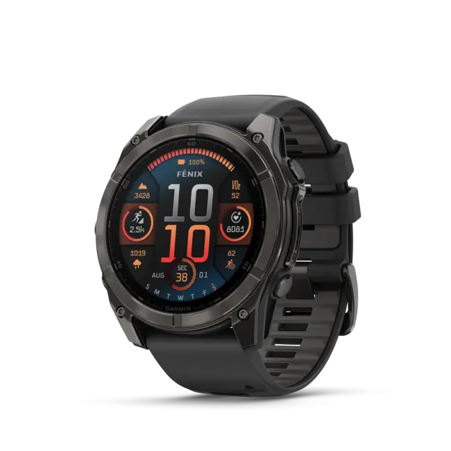 Garmin Fenix ​​8 — AMOLED, 51 мм — сапфировый карбоновый серый DLC, титановый, с силиконовым ремешком черно/серого цвета 010-02905-21 от прозводителя Garmin
